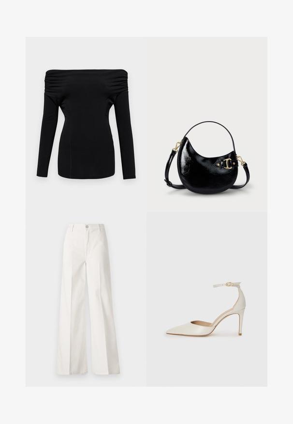 Top negru, cu mâneci lungi și design off-the-shoulder. Prezintă detalii pliate la umeri și o siluetă ajustată. Textură netedă.; Pantaloni albi cu picioare largi, confecționați din bumbac cu o textură fină. Prezintă un buton în față, fermoar și un design cu patru buzunare.; Pantofii înalți din piele albă, cu vârf ascuțit, curea la gleznă și toc subțire de tip stiletto. Textură netedă cu un finisaj subtil lucios.; Geantă de mână din piele patent neagră, cu o formă curbă, curea ajustabilă și detalii din metal auriu pe lateral. Textură netedă și lucioasă.