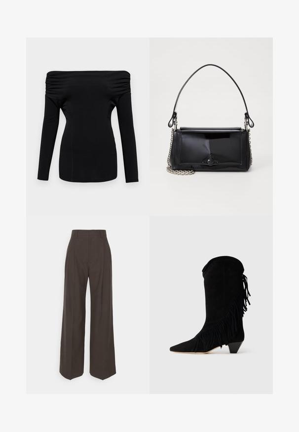 Musta, pitkähihaine paita, jossa on olkapäiltä avattu muotoilu. Ominaisuuksiin kuuluu rypytetty yksityiskohta olkapäillä ja tiukka siluetti. Sujuva pinta.; Tummanruskeat leveälahkeiset housut korkealla vyötäröllä, joissa on siistit prässäykset, sileä pinta ja muotoonommeltu istuvuus.; Mustat mokkanahkasaappaat, joissa on frillakoristeet, kärki on terävä ja kantapää on keskipituinen. Saappaissa on siisti muotoilu, jossa on teksturoitua yksityiskohtaa.; Musta lakattu nahkalaukku suorakaiteen muotoisena, ketjuhihnalla ja erottuvalla varustusesineellä keskellä. Siveltimellinen pinta.