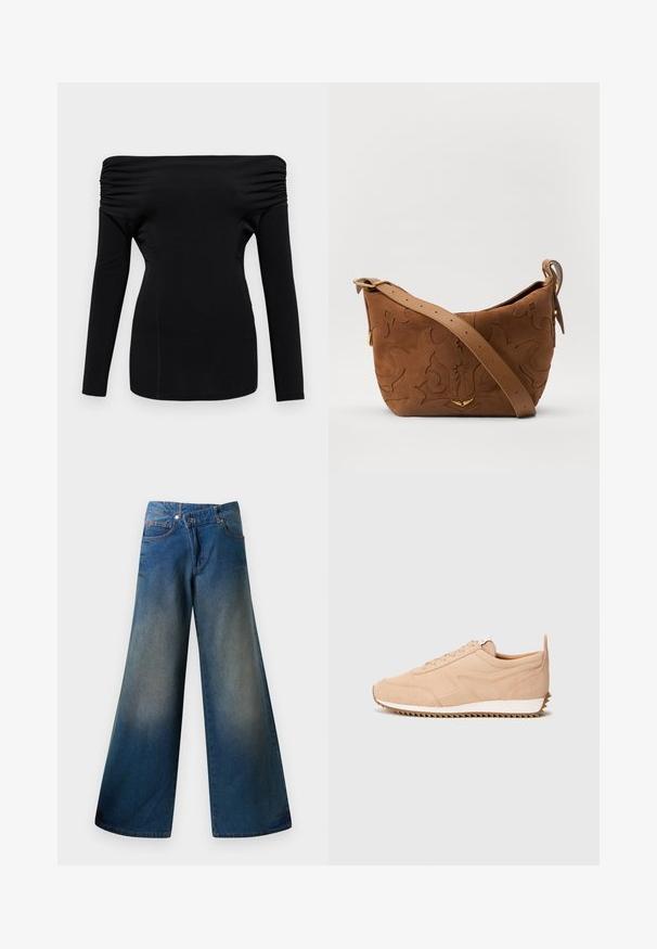 Top negru, cu mâneci lungi și design off-the-shoulder. Prezintă detalii pliate la umeri și o siluetă ajustată. Textură netedă.; Jeans largi de culoare albastră din denim, cu un finisaj ușor decolorat, cusături vizibile, două buzunare frontale și închidere cu nasture.; Adidași din suede de culoare bej deschis, cu un finisaj texturat, având o talpă albă și un model de zimți. Design cu șireturi fără brand vizibil.; Geantă de umăr din suede maro cu un design floral embosat, completată de o curea din piele maro netedă și accente din metal auriu.