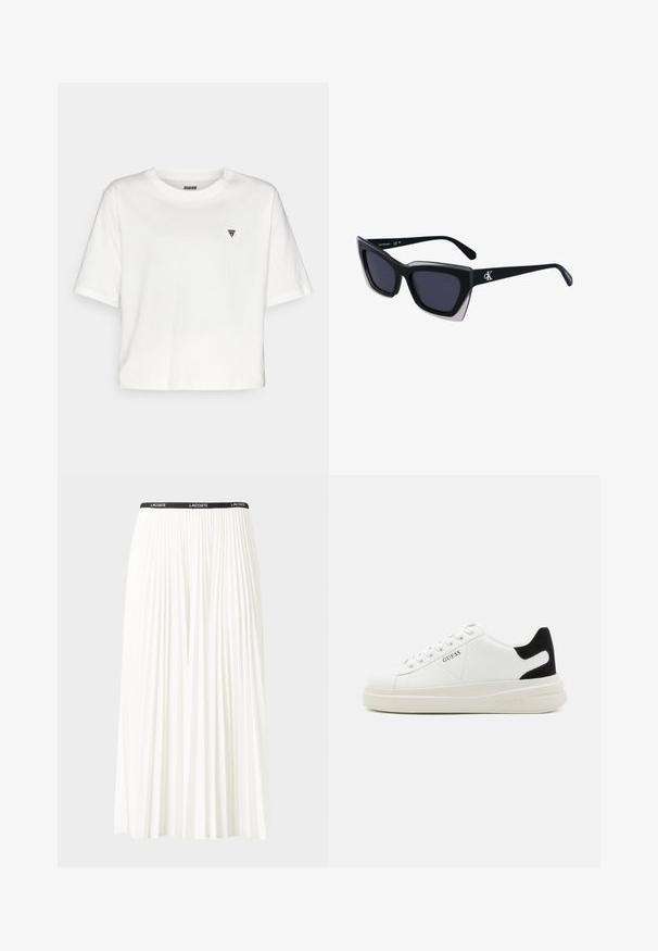 Guess COLETTE BOXY - T-shirt básica - snow cap; Saia plissada branca com uma cintura elástica preta que apresenta o logótipo "LACOSTE". Design de comprimento médio com textura suave.; Sapatilhas brancas de couro com uma sola branca espessa, detalhe em camurça preta no calcanhar e logótipo em relevo na lateral. Design com atacadores e seis ilhós.; Óculos de sol oversized pretos com forma geométrica, apresentando lentes escuras e um detalhe cinza em contraste na armação. Logotipo na haste.