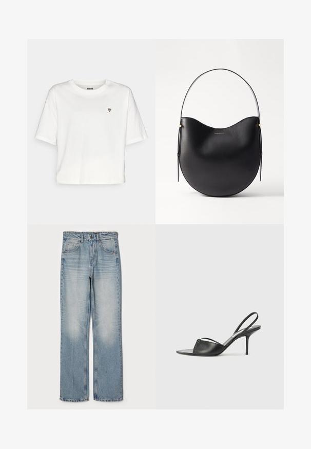 Guess COLETTE BOXY - Basic póló - snow cap; Világoskék farmernadrág, egyenes szabású, magas derékkal, öt zsebes kialakítással, finom kopással a combokon és a térdeken.; Fekete bőr, hátsó pántos, hegyes orrú magassarkú cipők vékony bokapánttal és stiletto sarkukkal. Az orrban csomózott részlet található.; Fekete bőr válltáska ívelt formával, vékony fogantyúval és finom arany részletekkel. Simából textúra, minimalista dizájnnal.