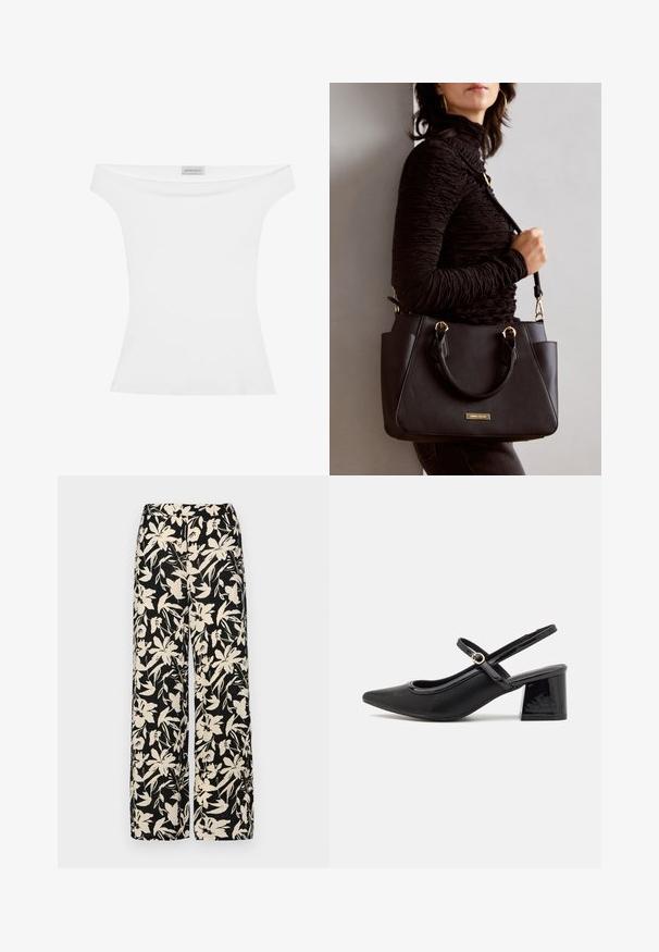 Schulterfreies weißes Oberteil aus glattem Stoff, taillierte Silhouette und runder Ausschnitt. Das Etikett oben in der Mitte trägt die Aufschrift "ANNA FIELD."; Schwarze weit geschnittene Hose mit einem cremefarbenen Blumenmuster. Hergestellt aus leichtem Stoff, mit einer glatten Textur und einem hohen Bund.; Schwarze Lackleder-Slingback-Absätze mit spitzer Zehenform, einem runden Ausschnitt-Design und einem Blockabsatz. Mit einem goldfarbenen Schnallenakzent.; Schwarze Handtasche mit strukturierten Oberflächen, doppelten Obergriffen und verstellbarem Schultergurt. Mit goldfarbener Hardware und Seitentaschen.