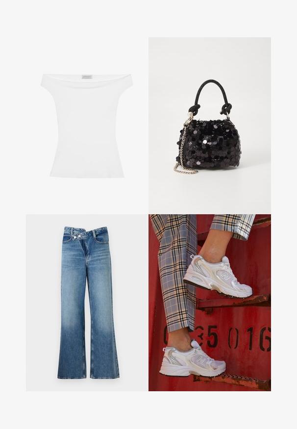 Off-the-shoulder witte top van gladde stof, aansluitende silhoeet en rond de hals. Label aan de bovenkant in het midden zegt "ANNA FIELD."; Lichtblauwe flared jeans met een hoge taille, voorzien van twee knopen en voorzakken. De stof heeft een vervaagde textuur met subtiele variaties.; Witte mesh sneakers met zilveren accenten en een gestructureerde zool, gepositioneerd op een rode ondergrond, gecombineerd met gestreepte broek.; Zwarte pailletten mini handtas met een geknoopte textuurriem en zilveren ketting. Rondvormig met een geplooide bovenkant en reflecterende details.