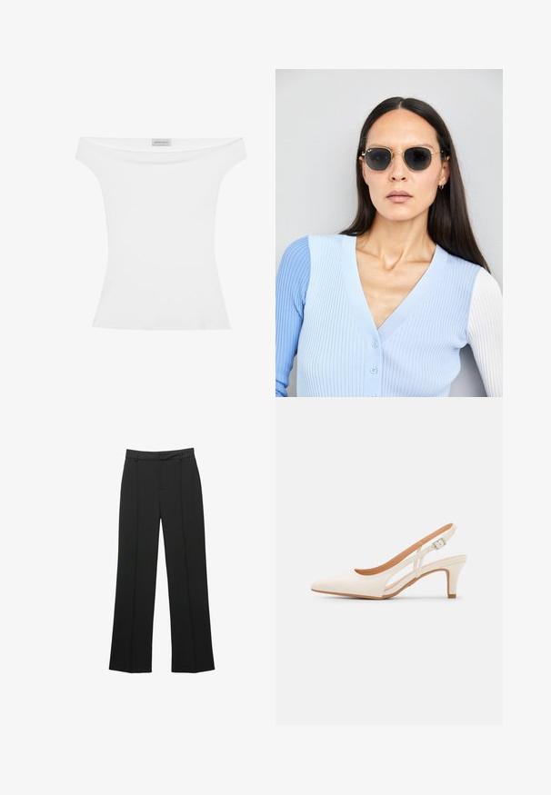 Schulterfreies weißes Oberteil aus glattem Stoff, taillierte Silhouette und runder Ausschnitt. Das Etikett oben in der Mitte trägt die Aufschrift "ANNA FIELD."; Schwarze gerade geschnittene Hose aus glattem Stoff, mit flacher Vorderseite, Gürtelschlaufen und ohne sichtbare Taschen, in maßgeschneiderter Passform.; Weiße Slingback-Absätze mit spitzer Zehenpartie, glattem Obermaterial, niedrigem Blockabsatz und seitlichem Ausschnitt-Design mit verstellbarem Schnallenriemen.; Runde Sonnenbrillen mit dunklen Gläsern und goldenen Rahmen. Das Modell trägt eine hellblaue, gerippte Strickjacke mit Knöpfen und weißen Kontrastärmeln.; Michael Kors Clutch in beige beschichtetem Canvas mit einem wiederholten MK-Logo-Muster, goldfarbener hardware und einem abnehmbaren Kettenriemen.