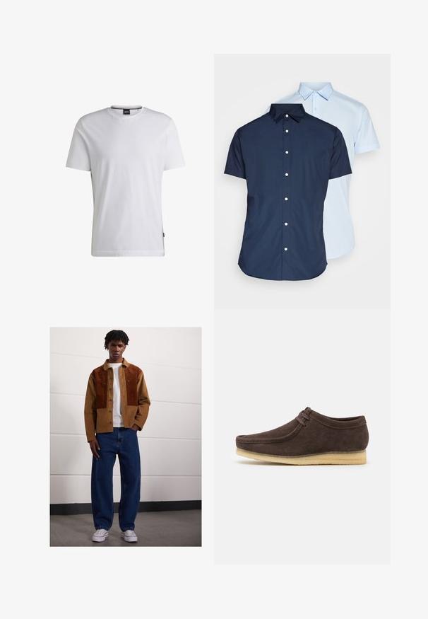 Hvit T-skjorte med korte ermer laget av bomull. Har rund hals og en subtil merkevaretag på siden. Glatt tekstur og enkelt design.; Kortermede skjorter med knapp, en i marineblå og en i lyseblå, med krager, foran knappestolpe og glatt stofftekstur.; Mann som står innendørs iført en brun kordfløyelsjakke med rustfargede flekker, hvit t-skjorte, løse blå jeans og hvite sneakers.; Brune semskede sko med en glat overflade, rund tå og minimalistisk design. Har en lysfarvet gummisål og kontrasterende snøredetaljer.