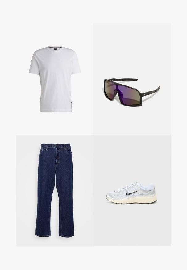 Baltas trumpas rankovės marškinėliai, pagaminti iš medvilnės. Turi apvalų kaklą ir subtilią prekės ženklo etiketę šone. Glotni tekstūra ir paprastas dizainas.; Tamsiai mėlynos džinsinės kelnės su tiesaus kirpimo dizainu, turinčios mygtuko užsegimą, penkių kišenių stilių ir subtilius siuvinėjimo akcentus.; Balti tinkliniai sportbačiai su sidabro akcentais, juodas „Nike“ swoosh, paminkštinta apykaklė ir tekstūruotas padas. Pasižymi sluoksniuota konstrukcija stabilumui.; Juodi sportiniai saulės akiniai su didelėmis, kampuotomis objektyvais, kurie turi gradientinį atspalvį nuo violetinės iki pilkos. Žvilgūs juodi šventyklos, užtikrinantys tvirtumą.