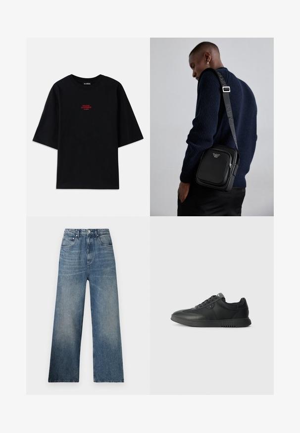 Črna bombažna majica s kratkimi rokavi in krojnim ovratnikom. Na prsih je rdeča grafika "SNAKE CHARMER".; Modre široke kavbojke z visokim pasom, ki imajo subtilno bledenje, pet žepov in kovinsko zaponko spredaj.; Črne nizke superge iz gladkega usnja z zaobljenim nosom, zavezovanjem spredaj, teksturiranim podplatom in diskretnim logotipom na strani.; Črna usnjena torba čez ramo z zadrgo, detajlom logotipa in nastavljivim trakom s znamko. Nosi se ob teksturirani mornarsko modri pulover.