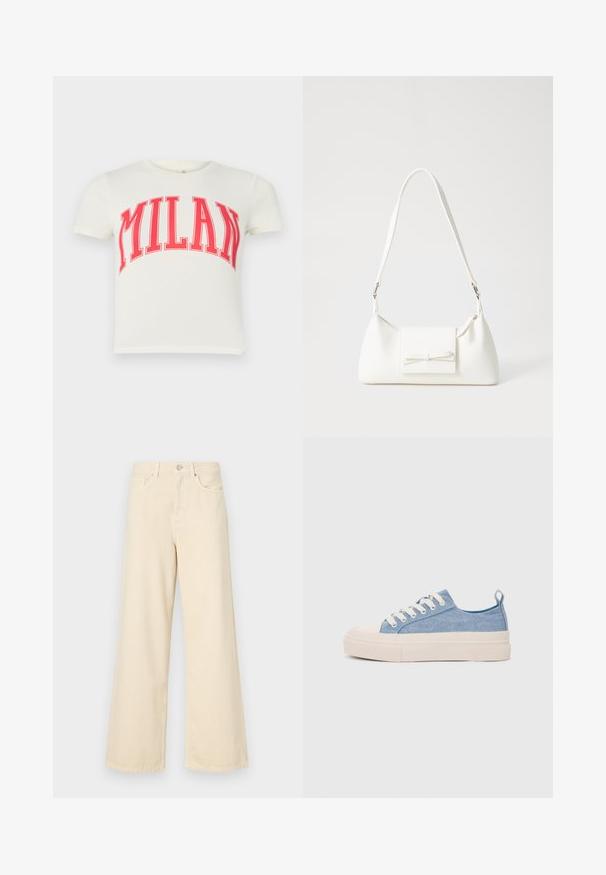 White short-sleeve T-shirt featuring "MILAN" in bold red text across the chest. Made from cotton with a round neckline.; Beige wide-leg jeans made of cotton. Features a button closure, belt loops, and front pockets with a smooth, soft texture.; Light blue canvas sneakers with a cream rubber toe cap and outsole, featuring white laces and a pull tab on the heel.; White synthetic handbag with a triangular shape, flat front flap and bow detail, adjustable strap, smooth texture, and minimalistic design.