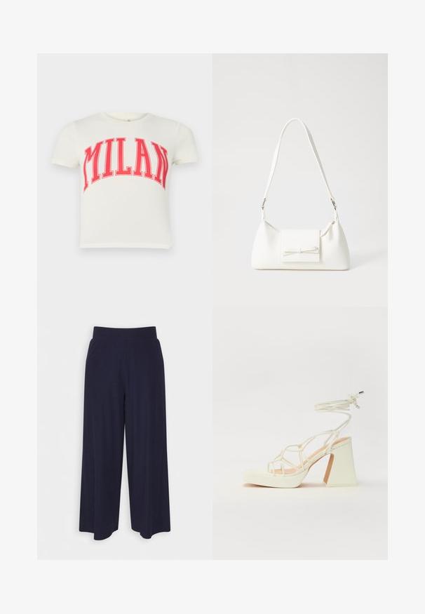 White short-sleeve T-shirt featuring "MILAN" in bold red text across the chest. Made from cotton with a round neckline.; Wide-leg trousers in dark navy fabric with a ribbed texture. Features a smooth waistband and a flowy silhouette, reaching mid-calf length.; White high-heeled sandal with a chunky heel, featuring a strappy design and ankle tie. Smooth texture with a platform front for added height.; White synthetic handbag with a triangular shape, flat front flap and bow detail, adjustable strap, smooth texture, and minimalistic design.