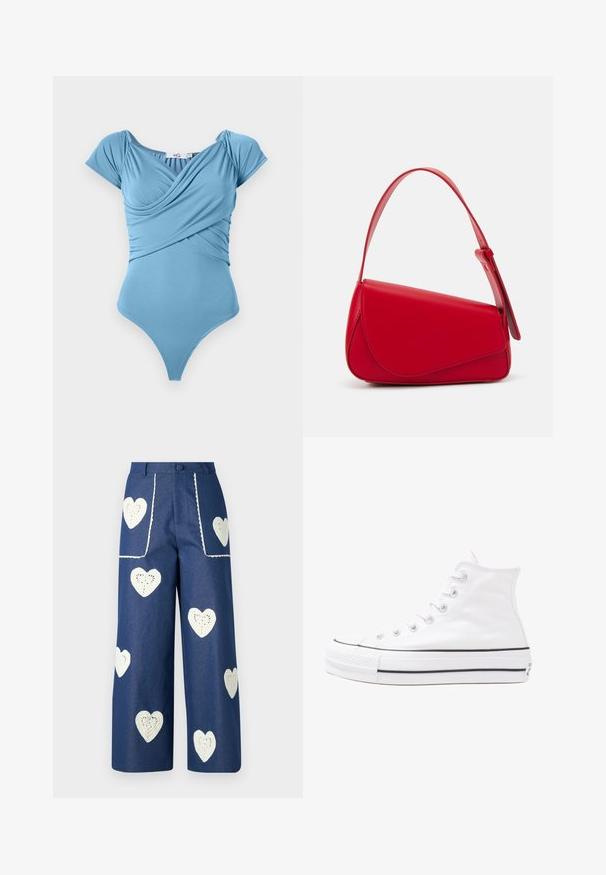 Niebieski jednoczęściowy strój kąpielowy z marszczoną górą i rękawami na kapelusze, wykonany z gładkiego materiału. Wysokie wycięcia nogawek i projekt z dekoltem w kształcie łezki z tyłu.; Sister Jane HEART TO HEART niebieski denim; Białe wysokie trampki z płótna z czarną gumową podeszwą, przednim czubkiem z gumy i sześcioma dziurkami na sznurowadła, charakteryzujące się prostym, minimalistycznym designem.; Czerwona skórzana torebka o kanciastym, geometrycznym designie. Posiada jedną regulowaną rączkę oraz zapięcie na klapę z przeszyciami.