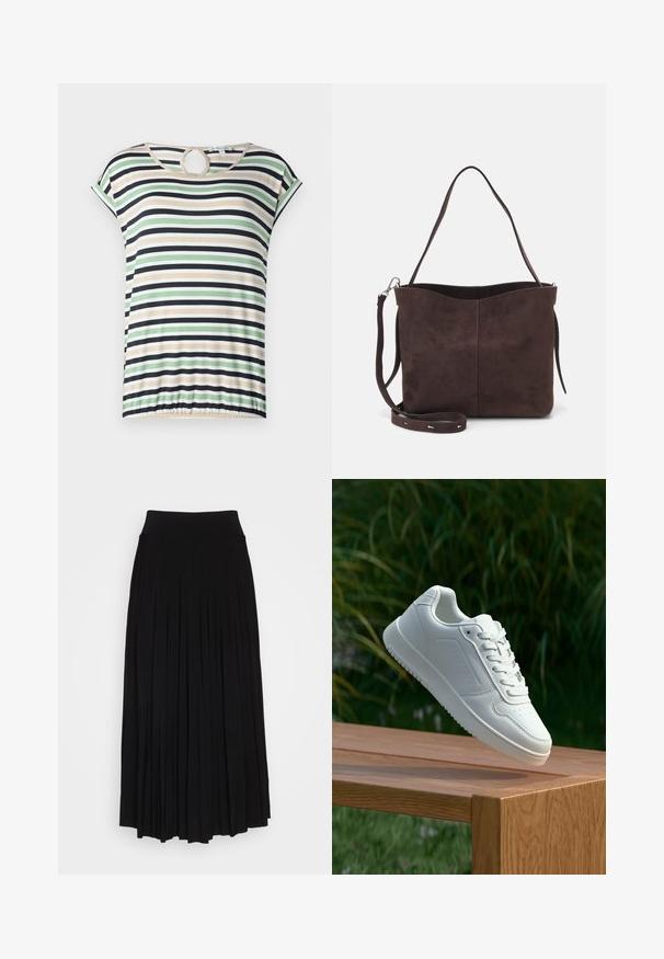 Pasiasta koszulka z krótkim rękawem, z poziomymi paskami w kolorze zielonym, beżowym, czarnym i białym. Okrągłe wycięcie przy dekolcie, marszczony dół.; Czarna plisowana spódnica z wysokim, elastycznym pasem. Wykonana z miękkiego materiału, z pionowymi plisami, które tworzą zwiewny kształt.; Biały sneaker z gładką syntetyczną cholewą, perforowanym noskiem, płaskimi sznurowadłami i teksturowaną podeszwą, wyeksponowany na drewnianej powierzchni.; Brązowa surowa torba na ramię o miękkiej fakturze, z pojedynczym paskiem na ramię i subtelnym, zakrzywionym otwarciem u góry. Brak widocznych detali metalowych.