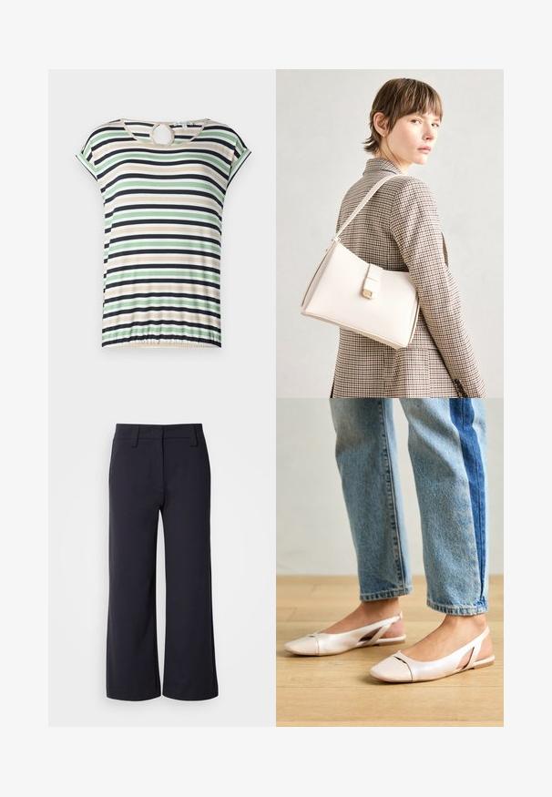 Tricou cu dungi, cu mâneci scurte, având dungi orizontale verzi, bej, negre și albe. Decupaj rotund la gât, tiv strâns.; Pantaloni lejeri din material de culoare bleu închis. Au un front plan, bucle pentru centură și buzunare laterale. Materialul este neted și are o ușoară elasticitate.; Sandalete plate de un roz pal cu vârf ascuțit, realizate dintr-un material asemănător pielii, neted. Prezintă detalii decupate pe laterale și un toc plat.; Geantă de mână din piele albă cu un design structurat, având o închidere magnetică și un breteau, expusă pe un fundal neutru.