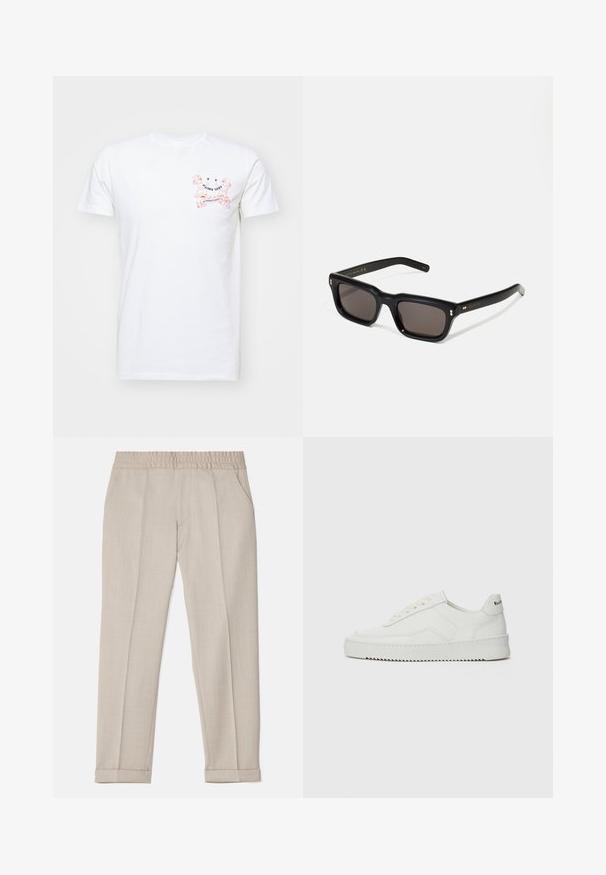 PS Paul Smith MENS SLIM FIT INTERNATIONAL - T-shirts print - whites; Filippa K TERRY CROPPED TROUSERS - Bukser - sage melange; Hvide lædersneakers med en glat overflade, rund tå, flade snørebånd og en tekstureret sål. Har et diskret logo på hælen.; Sorte rektangulære solbriller med mørke glas, tyk plastisk ramme, guldtryk på stængerne og brandlogo indgraveret på armen.