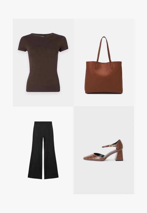 Camiseta marrón de manga corta, hecha de un tejido suave con un diseño ajustado, que cuenta con un escote redondo y hombros sin costuras.; Pantalones de pierna ancha negros con una textura suave, que presentan pliegues frontales y un diseño a medida. La tela es ligera y fluida.; Zapato de tacón de charol marrón con punta cuadrada, patrón texturizado de cocodrilo, tira al tobillo con hebilla dorada y tacón ancho.; Bolso tote de cuero marrón con una textura suave, diseño de apertura superior y dos correas para el hombro. Presenta una costura mínima y sin herrajes visibles.