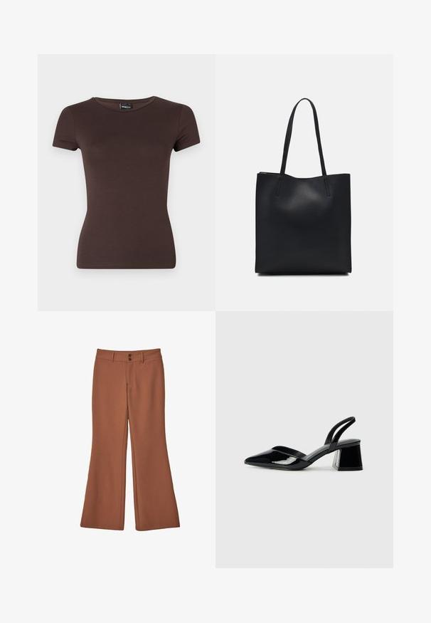 Brown short-sleeve t-shirt, made of soft fabric with a fitted design, featuring a round neckline and seamless shoulders.; Brown, flared trousers made of soft fabric. Features two front buttons and a smooth texture with no visible patterns or accents.; Black patent leather slingback heels with a pointed toe and a geometric block heel. Features a sleek, minimal design and smooth texture.; Black leather tote bag with smooth texture, rectangular shape, and two long handles. No visible hardware or embellishments.