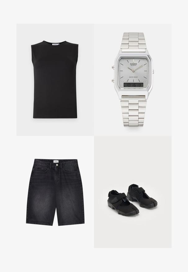 Črn brezrokavnik iz gladkega, raztegljivega materiala. Ima okroglo izreznico in prilegan silhueto. Brez vidnih vzorcev ali okrasnih detajlov.; Črne denim kratke hlače s klasičnim dizajnom. Imajo pet žepov, sprednje zaklepanje na gumb in detajl šivanja. Gladka tekstura in pravilen kroj.; Črne vodne čeveljce, izdelane iz fleksibilnega blaga, z Velcro trakom, ki se ponašajo z edinstvenim dizajnom razdeljenega prsta in teksturirano gumo podplata za boljši oprijem.; Srebrna Casio quartz ura s pravokotno/png-iskonsko obliko, analogno in digitalno prikazovanje, jekleni pas in vodoodporne funkcije.