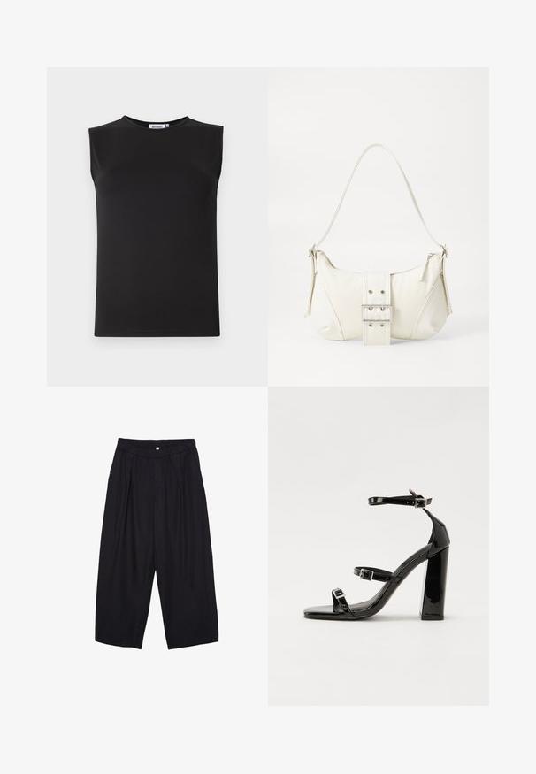 Čierny top bez rukávov z hladkej, elastickej látky. Má okrúhly výstrih a priliehavý strih. Bez viditeľných vzorov alebo akcentov.; Čierne polyesterové culotte nohavice s elastickým pásom, dvoma prednými záhybmi a voľným strihom. Žiadne viditeľné vzory ani detaily z kovu.; Čierne lakované sandále na podpätku so štvorcovou špičkou, navlečenými remienkami okolo členku a striebornými prackami. Disponujú masívnym blokovým podpätkom pre stabilitu.; Biela taška cez rameno s textúrovaným povrchom, centrálnou prackou a zakriveným tvarom. Zipsy na oboch stranách.