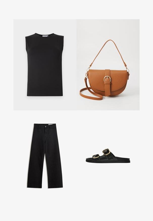 Black sleeveless top in smooth, stretchy fabric. Features a round neckline and a fitted silhouette. No visible patterns or accents.; Black wide-leg denim pants with a high waist, featuring front and back pockets, stitched seams, and a button closure. Smooth texture.; Black slide sandal with two gold buckle accents, smooth textured material, flat sole, and a minimalist design.; Brown leather crossbody bag with a curved shape, gold hardware, and a buckle accent. Features a detachable shoulder strap.