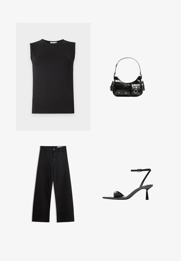 Top nero senza maniche in tessuto liscio e elastico. Presenta un collo rotondo e una silhouette aderente. Nessun motivo o dettaglio visibile.; Pantaloni in denim neri a gamba larga con vita alta, dotati di tasche anteriori e posteriori, cuciture a punto, e chiusura con bottone. Texture liscia.; Bershka Sandali con tacco - black; Borsa a spalla in vernice nera con forma curvata, una tracolla, tasche frontali e dettagli in metallo argentato.