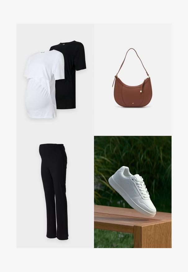 To gravide t-skjorter: en hvit og en svart. Begge har korte ermer, rund halsutskjæring, og drapert detaljer på siden for komfort.; ONLY MATERNITY OLMHALLE - Bukse - black; Hvite sneakers med en glatt syntetisk overdel, perforert tåboks, flate snørebånd og en teksturert såle, vist på en treflate.; Brun kunstlæder skuldertaske med buet form, minimal syning og detaljer i guld-tonet hardware. Har en top lynlås lukning og justerbar rem.