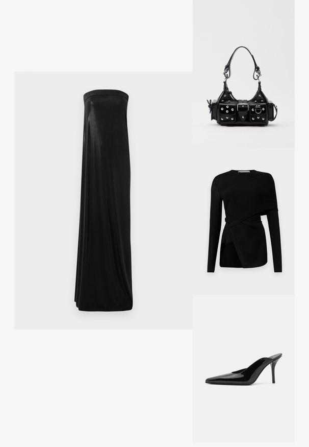 Black long-sleeve top with asymmetrical design, featuring a draped overlay and side slit. Made from lightweight, smooth fabric.; Black strapless maxi dress made of smooth, shiny fabric. Features a fitted bodice and flowing silhouette, reaching the floor without embellishments.; Black patent leather high-heeled mule with a pointed toe and a sleek silhouette, featuring an open back and a slender stiletto heel.; Black leather handbag with a curved design, featuring silver studs, a buckle, and two side pockets. Adjustable strap for carrying options.