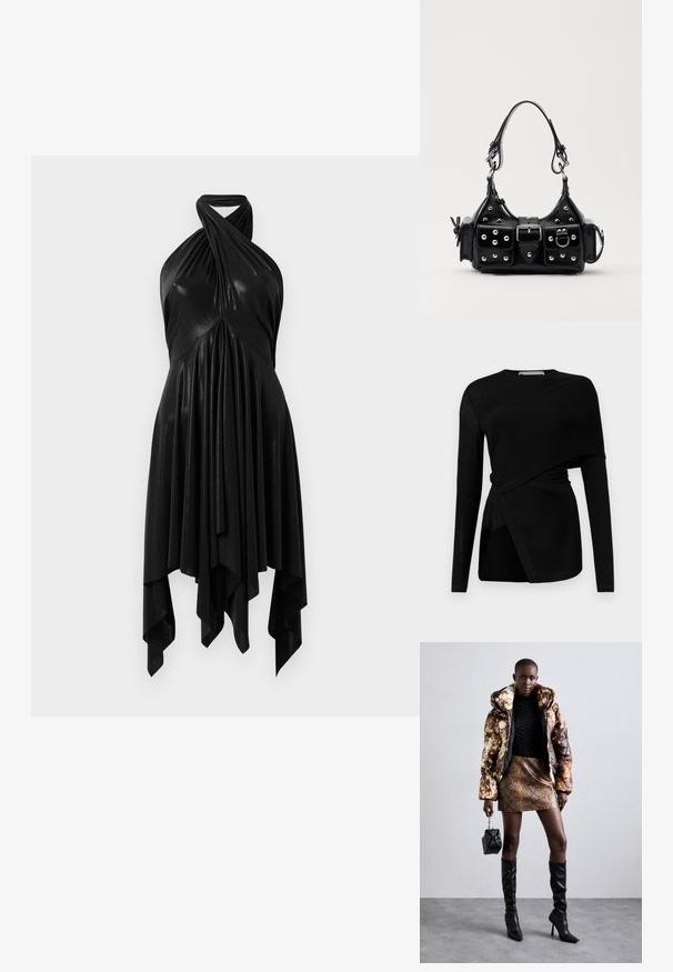 Černý dlouhý rukáv top s asymetrickým designem, má drapované překrytí a boční rozparek. Vyrobeno z lehké, hladké tkaniny.; Černé halter šaty s draped designem. Vyrobené z lesklého materiálu, s propleteným výstřihem a asymetrickým lemem. Hladká textura.; Puffa bunda s hnědým a černým vzorem, zkombinovaná s hnědou mini sukní s hadím vzorem, černými vysokými botami a malou černou taškou.; Černá kožená kabelka s křivkovým designem, zdobená stříbrnými hřebíky, s přezkou a dvěma bočními kapsami. Nastavitelný popruh pro různé možnosti nošení.