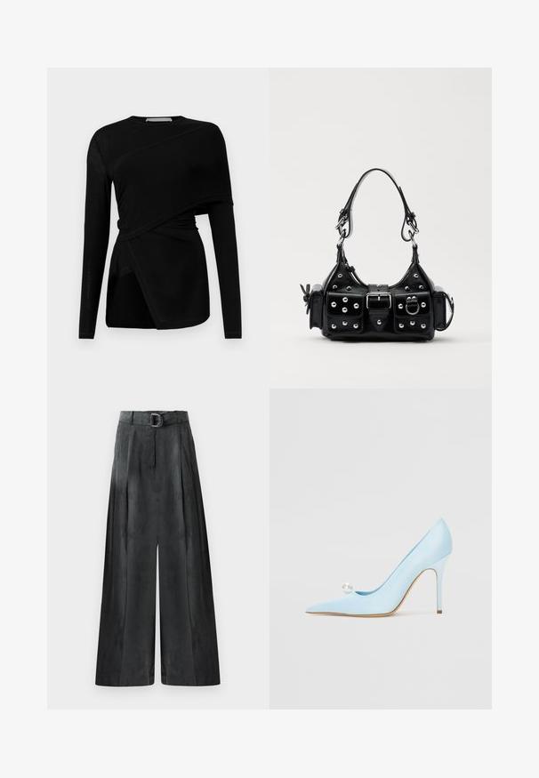 Top nero a maniche lunghe con design asimmetrico, caratterizzato da un sovrapposto drappeggiato e una fessura laterale. Realizzato in tessuto leggero e morbido.; Pantaloni a gamba larga di un grigio scuro, con una texture liscia, pince e una cintura con una fibbia argentata in vita alta.; GIABORGHINI Decolleté - blue; Borsa a mano in pelle nera con design curvo, caratterizzata da borchie argentate, una fibbia e due tasche laterali. Tracolla regolabile per diverse opzioni di trasporto.