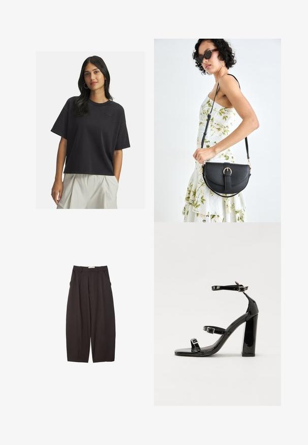 Kobieta z długimi ciemnymi włosami, ubrana w luźną czarną koszulkę z krótkim rękawem i jasnobeżowe spodnie z wysokim stanem, stoi z jedną ręką w kieszeni.; Czarne spodnie o szerokich nogawkach wykonane z gładkiego materiału, z wysokim stanem, plisami z przodu i bocznymi kieszeniami. Prosty fason bez zdobień.; Czarne lakierowane sandały na obcasie z kwadratowym noskiem, z paskami wokół kostki i srebrnymi klamrami. Posiadają masywny słupek dla stabilności.; Czarna skórzana torebka o zakrzywionym kształcie, z odpinanym paskiem i złotymi akcentami. Torebka posiada klapę z zapięciem w kształcie klamry.