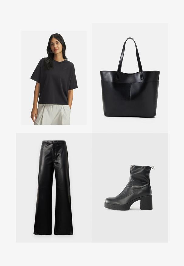 Pikkade tumedate juustega naine, kes kannab laia musta lühikeste varrukatega T-särki ja heledaid beeže kõrge vöökohaga pükse, seisab käsi ühes taskus.; Mustad talje laiad jalad kunstnahast püksid esipaneeli nööbi ja lukuga, vöödega ja küljetaskutega valge tausta peal.; Mustad mustad ansapüksid, mis on valmistatud siledast nahast, külje zipperiga, paksu tekstuuriga kontsaga ja ümmarguse nina disainiga.; Must mustaga musta nahast, millel on kaks pikka kanda, sile tekstuur ja struktureeritud kuju. Esipoolsel on lisakoti jaoks tasku.