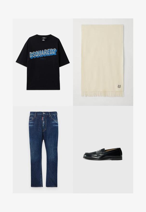 Dsquared2 T-shirts print - black; Mørkeblå denim jeans med lige pasform, der har let blegning, gul syning, forlommer og knaplukning.; Sorte læder loafers med tekstureret overdel, flettet accent og glat finish. Lav profil hæl og minimalistisk design.; Cremefarvet tørklæde lavet af blødt materiale, forsynet med en vævet kant nederst og et lille broderet dyretryk i det ene hjørne.