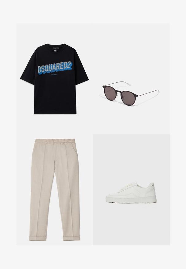 Dsquared2 Triko s potiskem - black; Filippa K TERRY CROPPED TROUSERS - Kalhoty - sage melange; Bílé kožené tenisky s hladkým povrchem, kulatou špičkou, plochými tkaničkami a texturovanou podrážkou. Na patě se nachází nenápadné logo.; Černé kulaté sluneční brýle s tmavými skly a tenkými kovovými nohami. Obsahují průhledné koncovky nožiček a stříbrné akcenty na pantu. Minimalistický design.