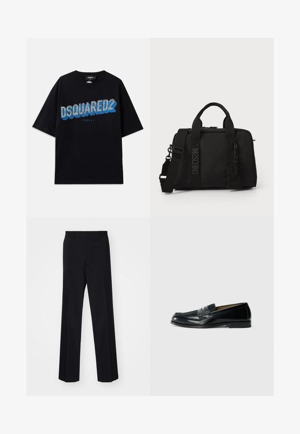 Dsquared2 Marškinėliai su spaudiniu - black; Juodos prisiūtos kelnes su plačiomis kojomis, turinčios sklandų paviršių ir aštrius raukšles, pagamintas iš audinio.; Juodas odinis loaferis su tekstūruotu paviršiumi, pintu akcentu ir lygiu apdaila. Žemas kulnas ir minimalistinis dizainas.; Juodas tekstilinis krepšys su dviem rankenomis ir nuimamą petnešą. Yra iškeltas logo ir odinis etiketas. Lygus paviršius, stačiakampio formos.