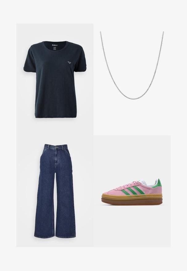 T-paita navy sininen lyhyt hiha, pehmeästä kankaasta, pyöreällä pääntiellä ja pienellä logolla vasemmassa rinnassa. Yksinkertainen ja rento muotoilu.; Housut tummansinisestä denimmateriaalista, joissa on leveät lahkeet ja korkea vyötärö. Edessä taskut ja vetoketjulla suljettava metallinappi. Tasainen pinta ja klassinen muotoilu.; Vaaleanpunaiset mokkanahkakengät, joissa on vihreät raidat, valkoiset yksityiskohdat ja ruskea kumipohja. Sisältää tekstuurillista kangasta ja logoyksityiskohtia sivulla.; Hopeaketju, jossa on sileä, pyöreä litteä linkkimuotoilu. Omistaa kiiltävän pinnan ja sen pituus on noin 20 tuumaa.