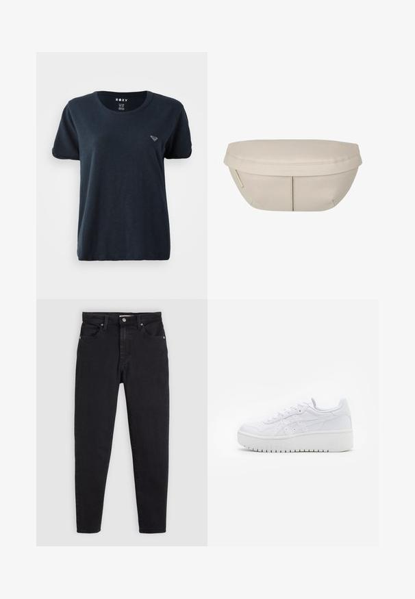 camiseta de manga corta azul marino hecha de una tela suave, con un escote redondo y un pequeño logotipo en el lado izquierdo del pecho. Diseño simple y casual.; Jeans negros ajustados con cierre de botón y cremallera, diseño de cinco bolsillos y pasadores para cinturón sobre un fondo gris claro.; Zapatillas de plataforma blancas con una textura de cuero suave, detalles perforados y cordones planos; cuentan con una suela de goma blanca gruesa.; Funda de tela beige con forma redondeada, que presenta una parte superior plana y detalles de costura sutiles. Incluye un logotipo minimalista y una correa lateral.