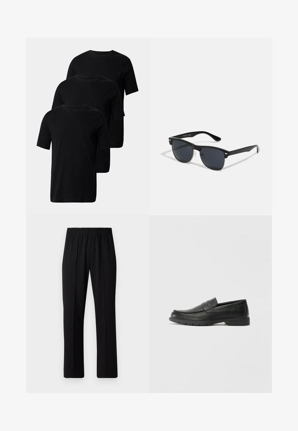 Trei tricouri negre din bumbac, cu mâneci scurte și gât rotund, având o textură netedă și fără broderii.; Pantaloni negri cu talie elastică, cu un design cu picioare drepte, având o textură netedă și fără modele sau accesorii vizibile.; Labeled cu oglindă din piele neagră cu un finisaj neted, partea superioară în stil mocasin, detalii cusute și o talpă din cauciuc. Design clasic cu un toc jos.; Ochelari de soare negri cu o formă rectangulară, lentile întunecate, accente argintii la tâmple și un finisaj mat pe cadru.