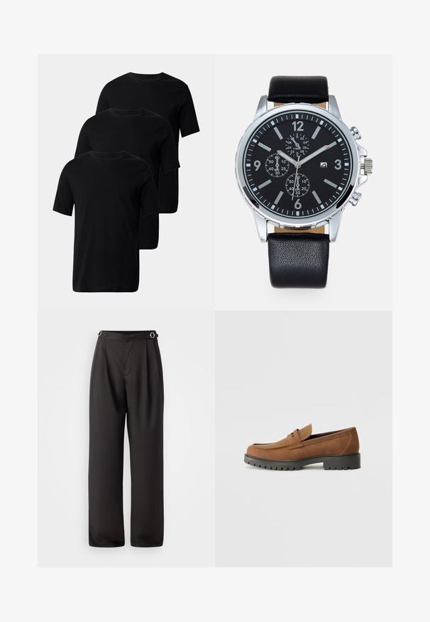 Tre svarte bomull t-skjorter med korte ermer og rund hals, med en jevn tekstur og uten dekorasjoner.; Sorte vide bukser laget av glatt stoff, med høy midje, to sølvfargede spenner i midjen og en plisserte frontdesign.; Brune suede loafers med avrundet tå og såle av lav svart gummi, med en dekorativ stropp og sømdetaljer på overdelen.; Sort skinnegget armbåndsur med et kabinett i sølv rustfritt stål. Den svarte skiven har hvite timeindekser, sølvfargede visere og tre undermeter.