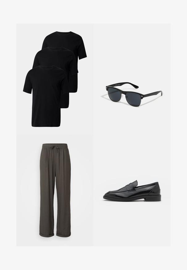 Tri crna pamučna majica s kratkim rukavima i okruglim izrezom, s glatkom teksturom i bez ukrasa.; Tamno sivi široki hlače s elastičnim pojasom, izrađene od mekog, teksturiranog materijala, s prevrnutim rubovima na gležnjevima.; Crne kožne mokasine s glatkom površinom, s okruglim vrhom i uskim pojasom preko gornjeg dijela. Nizak slojeviti potplat.; Crne sunčane naočale pravokutnog oblika, tamne leće, srebrni detalji na sljepoočnicama i matirajuća završna obrada okvira.