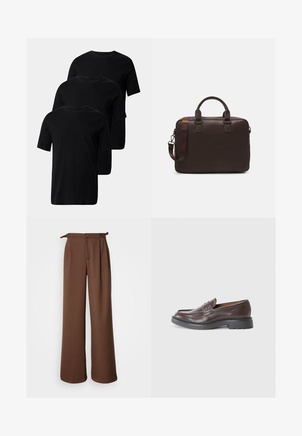 Trei tricouri negre din bumbac, cu mâneci scurte și gât rotund, având o textură netedă și fără broderii.; Pantaloni largi de culoare brună, fabricați dintr-un material moale. Prezintă o talie înaltă cu plisaje și legături laterale, oferind o potrivire relaxată și o textură netedă.; Mocasini din piele maro cu un finisaj neted, vârful rotund, cusături minime și o talpă groasă din cauciuc negru. Fără accesorii sau detalii vizibile.; Geantă pentru laptop din piele maro cu o suprafață texturată, mânere superioare duale, curea ajustabilă și două catarame frontale pentru un detaliu suplimentar.