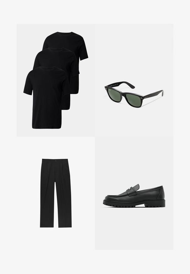Tre sorte bomulds t-shirts med korte ærmer og rund hals, der har en glat overflade og ingen dekorationer.; Sorte bukser med lige ben, lavet af et glat stof. Har frontfolder og en enkelt knaplukning i taljen.; Sorte læder loafers med rund tå, der har et syet design, lav platformssål og en struktureret, skridsikker gummisål.; Sorte plastiksolkaber med grønne linser, firkantede stel, sølvaccent på brynene og teksturerede templede arme. Angivet mærke på den indre arm.