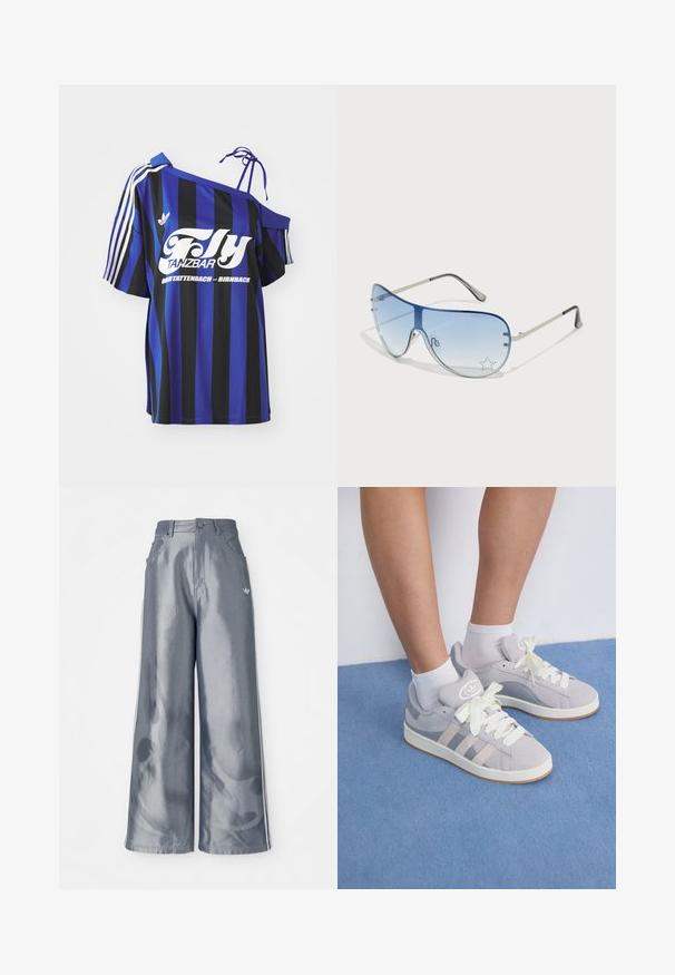 Zila un melna svītrota pārāk liela krekla ar vienu plecu atklāšanu, ar baltu drukātu tekstu un trim baltām svītrām uz piedurknes.; Platas kājas bikses no spīdīga pelēka materiāla, ar baltām sānu svītrām un liesmu rakstu apakšējā kāju daļā. Pogas un rāvējslēdzēja aizdare jostasvietā.; Pelēki zamša sporta apavi ar baltām šņorēm un gumijas zoli, ar trim diagonālām svītrām sānos un logotipa uzšuvi uz mēles.; Pilotstila saulesbrilles ar gradienta zilām lēcām, sudraba metāla rāmjiem un dekoratīvām zvaigžņu akcentiem uz lēcām. Gluda un eleganta dizaina.