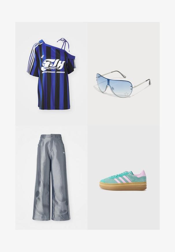 Mėlynos ir juodos juostelės per didelis marškinis su viena peties iškirpte, ant kurios yra baltas užrašas ir trys baltos juostelės ant rankovės.; Plačios kelnės iš blizgaus pilko medžiagos, su baltomis šoninėmis juostelėmis ir liepsnos raštu apatinėje dalyje. Mygtuko ir užtrauktuko uždarymas juosmens srityje.; adidas Originals GAZELLE BOLD - Sportbačiai - powder teal/bliss lilac/pure teal; Aviatoriai akiniai su gradientiniais mėlynais objektyvais, sidabriniu metaliniu rėmu ir dekoratyvinėmis žvaigždžių akcentais ant objektyvų. Lygaus ir stilingo dizaino.