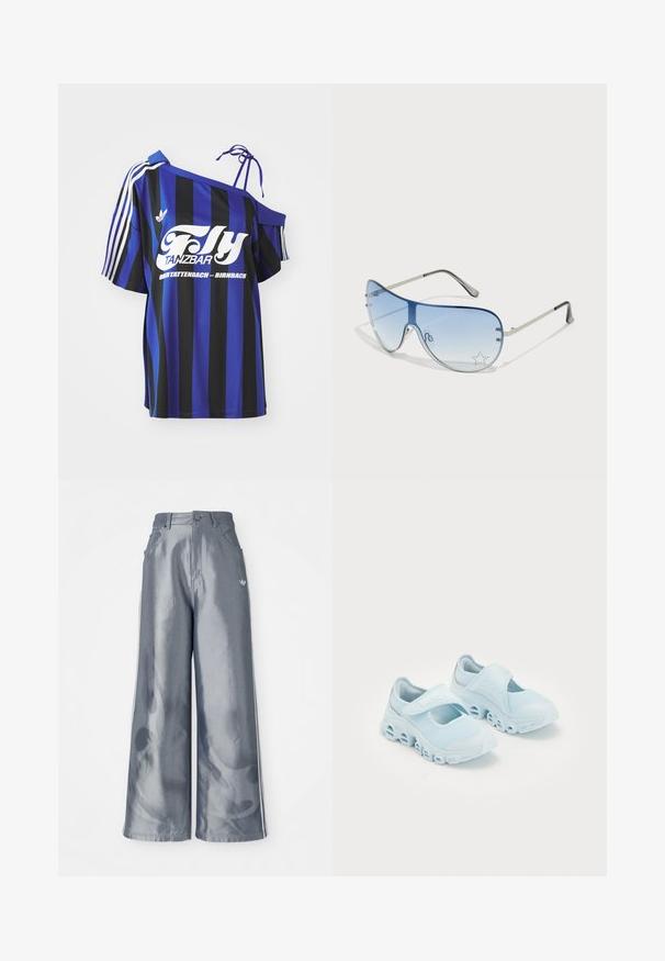 Cămașă supradimensionată cu dungi albastre și negre, având un design cu umăr descoperit, prezentând text imprimat alb și trei dungi albe pe mânecă.; Pantaloni cu picioare largi din material lucios gri, având dungi laterale albe și un model cu flăcări pe picioarele inferioare. Închidere cu nasture și fermoar la talie.; Adidași bleu deschis cu țesătură din plasă, decupaje proeminente în talpă și o curea cu arici pe partea de sus pentru o potrivire sigură.; Ochelari de soare aviator cu lentilă gradient albastră, ramă metalică argintie și accente decorative sub formă de stele pe lentilă. Design neted și elegant.