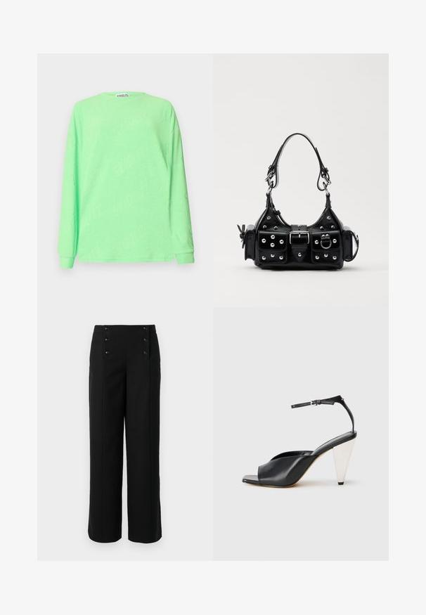 Dlouhý rukáv, světle zelený svetr s kulatým výstřihem, texturovaná látka, s opakovaným brandingem "STIEGLITZ" po celém povrchu.; Černé široké kalhoty vyrobené z hladkého materiálu, s vysokým pasem a pěti předními knoflíky pro zapínání. Elegantní, střihová konstrukce.; Černé kožené sandály na vysokém podpatku s otevřenou špičkou, asymetrickým designem, ankle strap a kovovým kuželovitým podpatkem. Hladký povrch po celé délce.; Černá kožená kabelka s křivkovým designem, zdobená stříbrnými hřebíky, s přezkou a dvěma bočními kapsami. Nastavitelný popruh pro různé možnosti nošení.