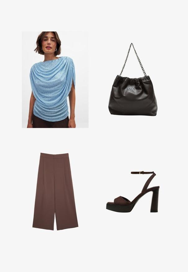 Vaaleansininen paita, jossa on valuva muotoilu, teksturoitu kangas ja pieniä tummia pilkkuja; sisältää sivutaskuja ja epäsymmetrisen pääntien.; Ruskeat leveälahkeiset housut, joissa on sileä pinta, korkea vyötärö ja etupleat. Kangas on kevyttä ja laskeutuu väljänä.; Ruske kožne sandale s visokom potpeticom, otvorenim prstima, podesivim kopčanjem oko gležnja i prugastim platformskim đonom.; Ruskea nahkainen laukku, jossa on kerätty yläosa ja ketjuhihna. Tasainen pinta, jossa kiiltävä viimeistely ja hienovaraiset sauman yksityiskohdat sivuilla.