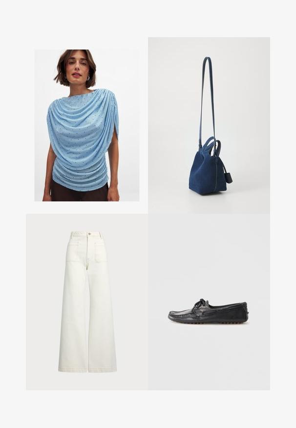 Himmelblaues Hemd mit drapierter Gestaltung, strukturiertem Stoff und kleinen dunklen Pünktchen; hat seitliche Falten und einen asymmetrischen Halsausschnitt.; Weite Jeans aus off-white Denim. Hoch tailliertes Design mit Knopfverschluss, zwei Fronttaschen und kontrastierenden Stickdetails.; Schwarze Leder-Mokassinschuhe mit runder Zehenpartie, Schnürdetails und gummierter, genoppter Sohle für besseren Halt. Glatte Textur mit sichtbaren Steppnähten.; Navyblaues Wildleder-Handtasche mit strukturierter Form, doppelten Tragegriffen und einem langen, verstellbaren Riemen. Verfügt über kontrastierende Nähte und ein seitliches Etikett.