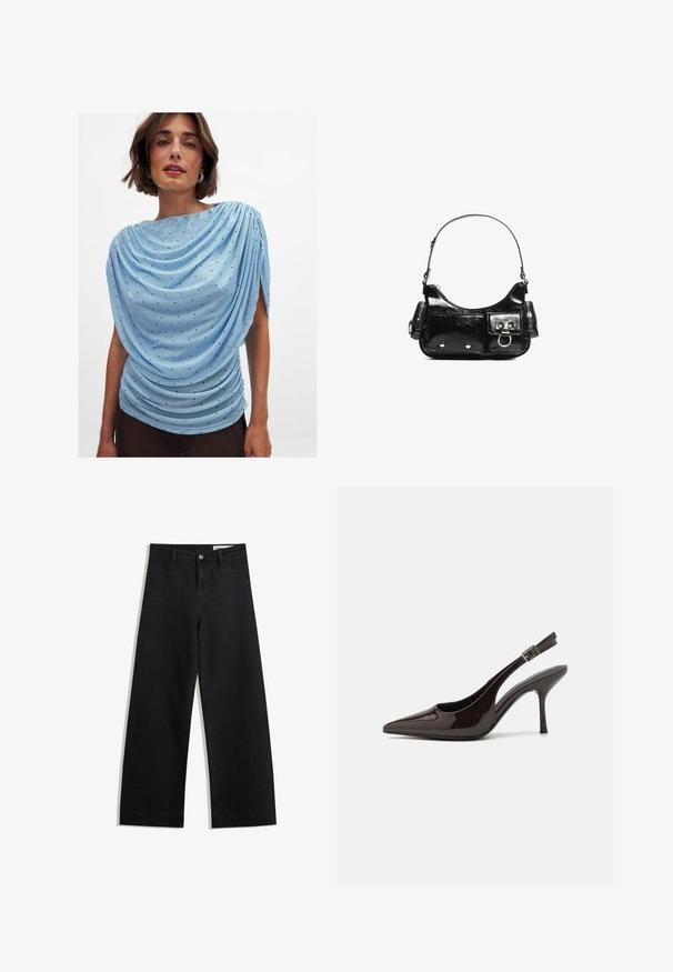 Light blue shirt with draped design, textured fabric, and small dark polka dots; has side pleats and asymmetric neckline.; Black wide-leg denim pants with a high waist, featuring front and back pockets, stitched seams, and a button closure. Smooth texture.; Slingback high-heeled shoe in glossy dark brown patent leather, pointed toe, open sides, and adjustable ankle strap.; Black patent leather handbag with a curved shape, one shoulder strap, front pockets, and silver-tone hardware accents.