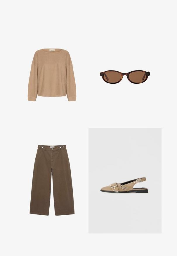 Beige long-sleeve top with a wide rounded neckline, loose fit, and ribbed cuffs. Soft texture and minimal stitching details. Brand label at neckline.; Brown plaid button-up shirt jacket with two front buttoned chest pockets and a small logo patch on the right pocket.; Brown wide-leg trousers made of durable fabric. Features two front pockets, button-fly closure, and a relaxed fit with a smooth texture.; Beige patent slingback shoes with a pointed toe, two adjustable buckles, and a low black heel. Smooth texture with a glossy finish.; Brown-tinted sunglasses with oval frames, featuring a tortoiseshell pattern and wide arms. Smooth texture and subtle branding detail on the side.; Dark green suede crossbody bag with a zippered top, flat shape, adjustable strap featuring perforations, and a smooth, matte texture.