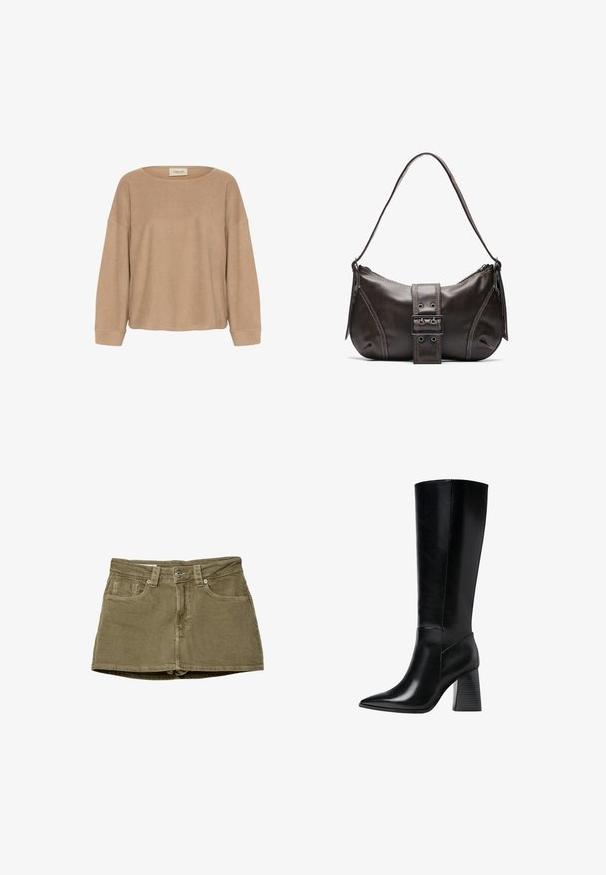 Beige Langarmtop mit weitem, rundem Halsausschnitt, lockerer Passform und gerippten Bündchen. Weicher Stoff und minimale Nähte. Markenlabel am Halsausschnitt.; Olivgrüner Jeans-Minirock mit Fronttaschen, geradem Schnitt und Knopfverschluss. Weiche Textur mit sichtbaren Nähdetails.; Knöchelhohe schwarze Lederstiefel mit spitzem Schuhkopf, glatter Textur und einem stabilen, profilierten Blockabsatz. Schlankes Design mit minimalen Akzenten.; Braune Lederumhängetasche mit gebogener Form, die mit einem auffälligen Schnallendetail, kontrastierenden Nähten und einem einzigen Schulterriemen ausgestattet ist.