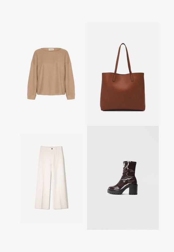 Beige Langarmtop mit weitem, rundem Halsausschnitt, lockerer Passform und gerippten Bündchen. Weicher Stoff und minimale Nähte. Markenlabel am Halsausschnitt.; Cremfarbene weitem Hosen mit maßgeschneidertem Design, ausgestattet mit zwei vorderen Taschen und einem vorderen Knopfverschluss, aus glattem Stoff gefertigt.; Glatte bordeauxrote Ankle Boots mit einem klobigen schwarzen Absatz, die eine glatte Oberfläche und ein einfaches Design aufweisen. Keine sichtbaren Verschlüsse oder Muster.; Braune Leder-Tote mit glatter Textur, offenem Oberteil und zwei Schulterriemen. Verfügt über minimale Nähte und keine sichtbaren Beschläge.