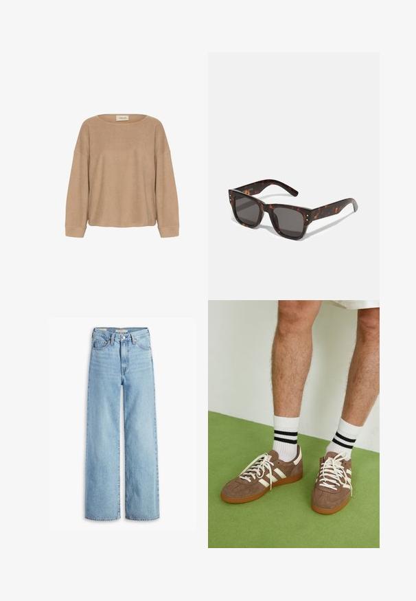 Beige triko s dlouhým rukávem a širokým kulatým výstřihem, volný střih a žebrované manžety. Měkká textura a minimální detaily šití. Značkové štítek na výstřihu.; Světle modré volné džíny s vysokým pasem, předním knoflíkem a zipem, poutky na opasek a designem s pěti kapsami.; Hnědé semišové tenisky s bílými akcenty a tkaničkami. Gumová podrážka. Nošeny s bílými ponožkami s černými pruhy. Zelená strukturovaná podlaha.; Tortoise shell sluneční brýle s tmavými čočkami, čtvercovým rámečkem a stříbrnými ozdobnými nýty na přední straně. Vyrobeny z plastu, lehké a odolné.; Hnědá pletená kožená kabelka s uvolněným trojúhelníkovým tvarem. Disponuje spleteným uchem a zipovým uzavíráním na vrchu.
